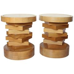 Midcentury Wood and Travertine Side Tables