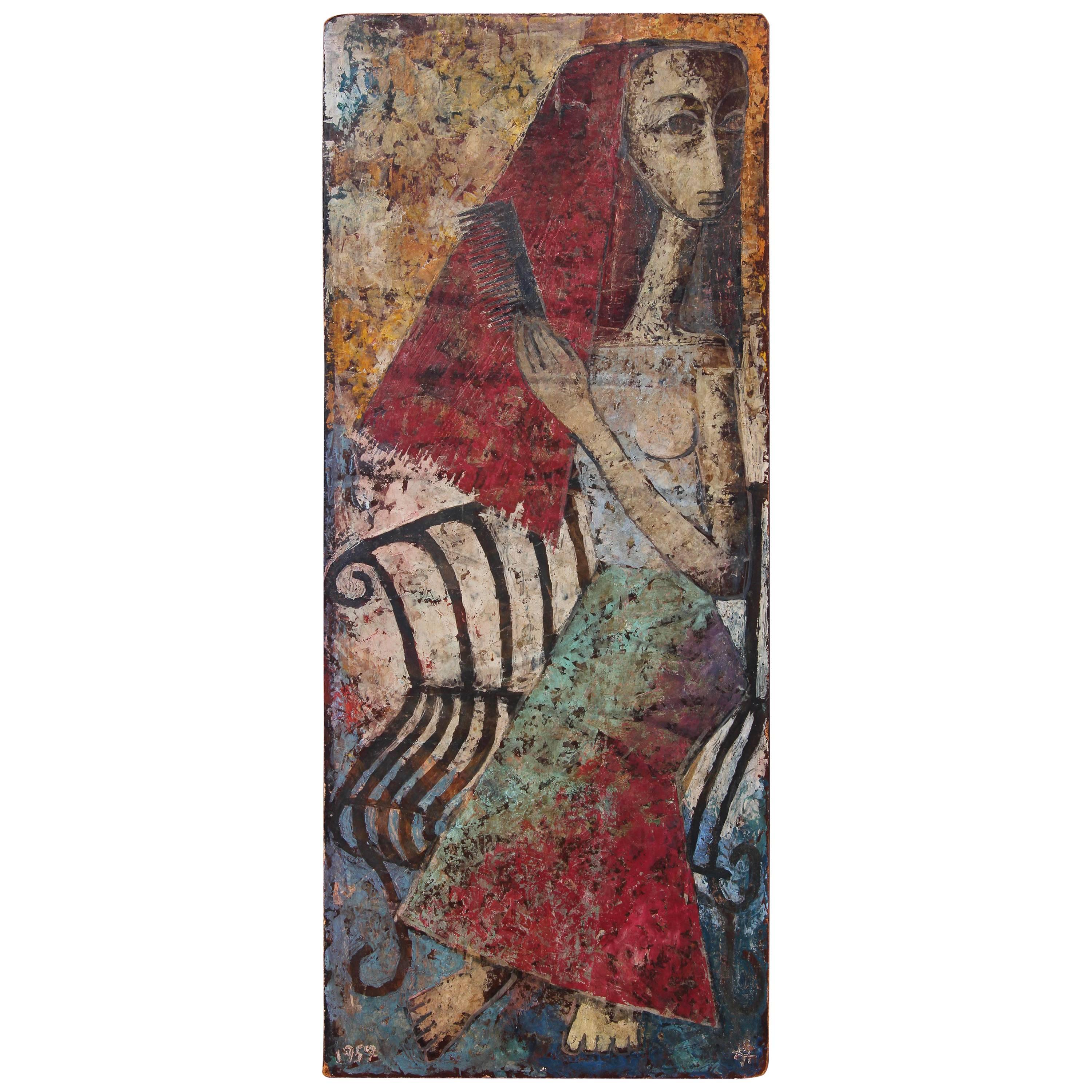 "Femme mexicaine" - Peinture à l'huile impressionniste abstraite datée de 1959