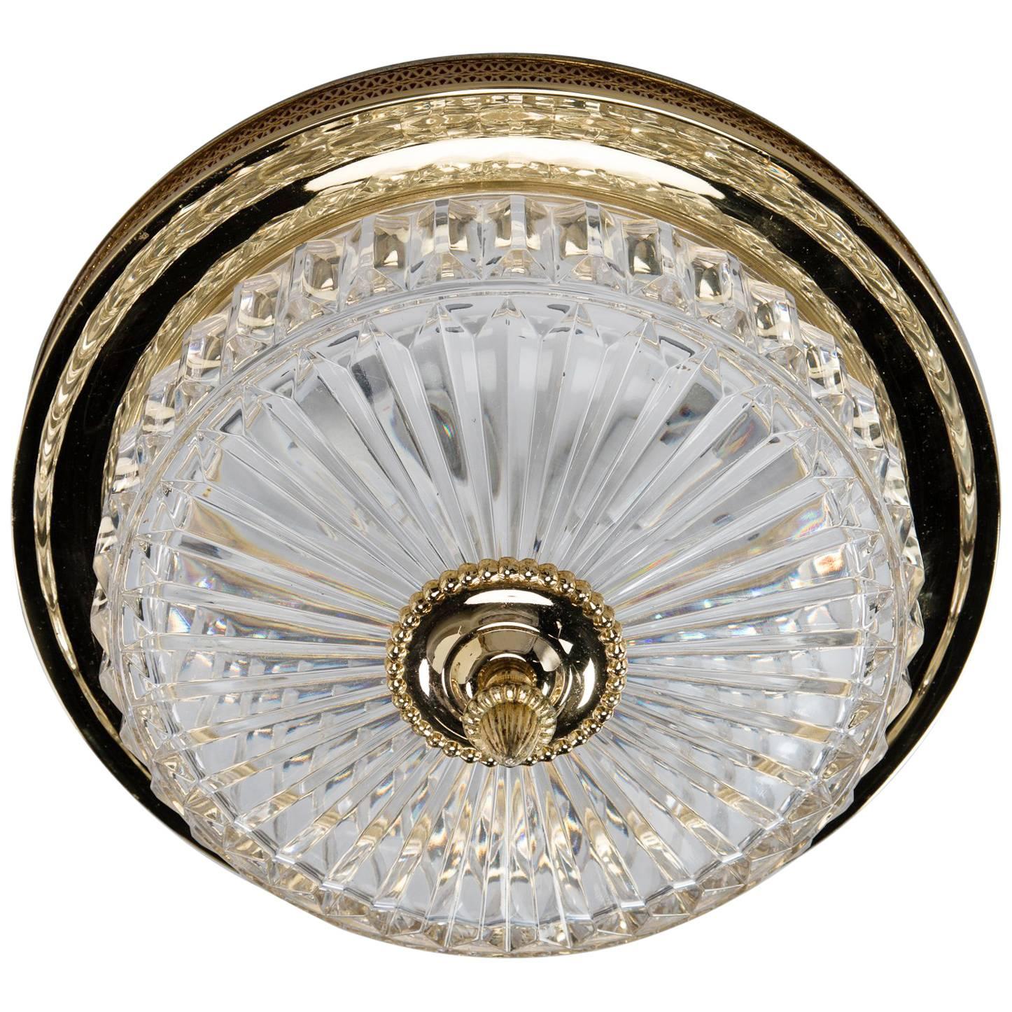 French Fluted Crystal and Brass Flush Mounted Fixture