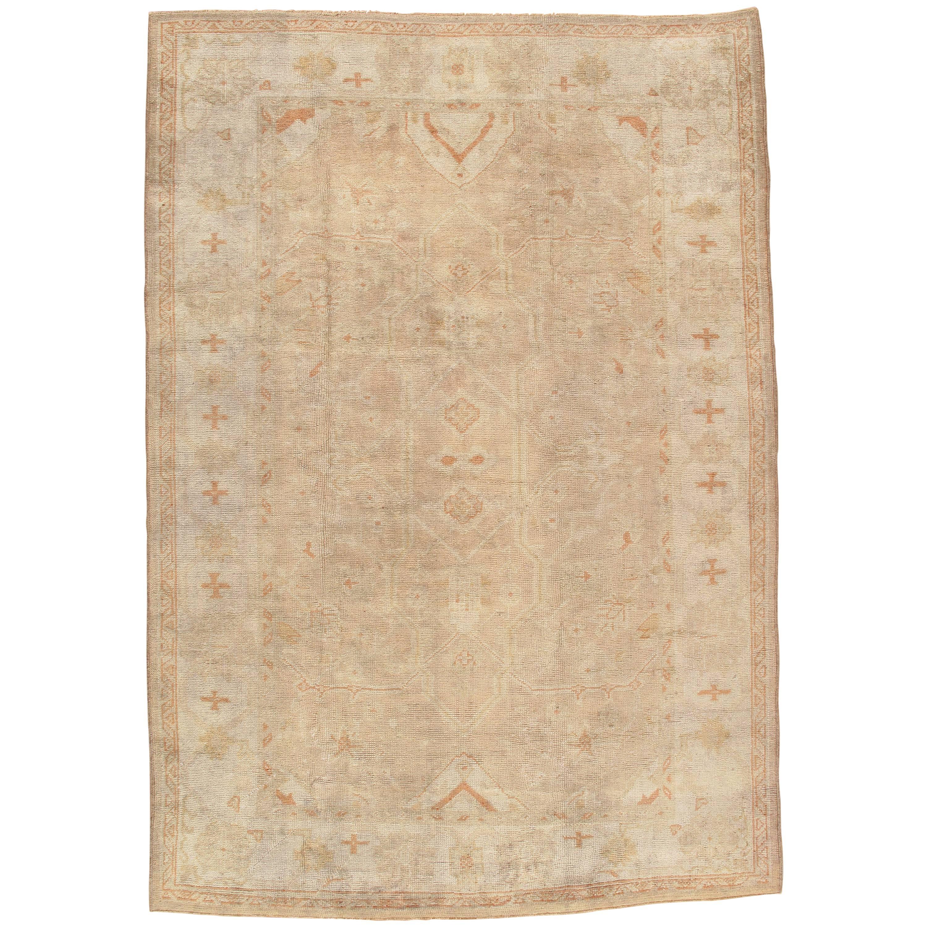 Antique Oushak Carpet, Oriental Rug, Handmade Turkish, Ivory and Soft Coral