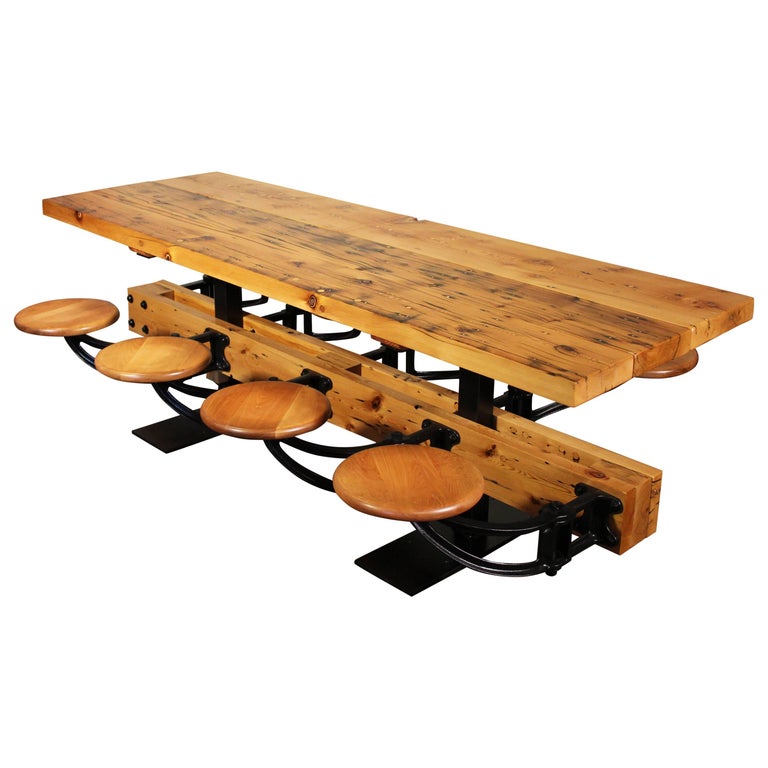 Dining Table with Chairs, Reclaimed Wood and Cast Iron EightSeat