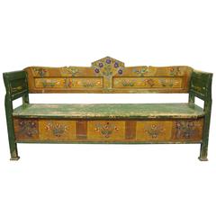 Antique Distressed Painted Green Yellow Bird & Flower Primitive Long Bench Flip Seat