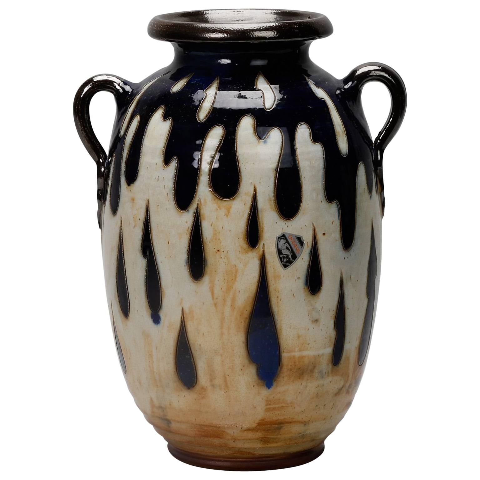 Signed Large Guerin Pottery Jug with Cobalt Incised Drips