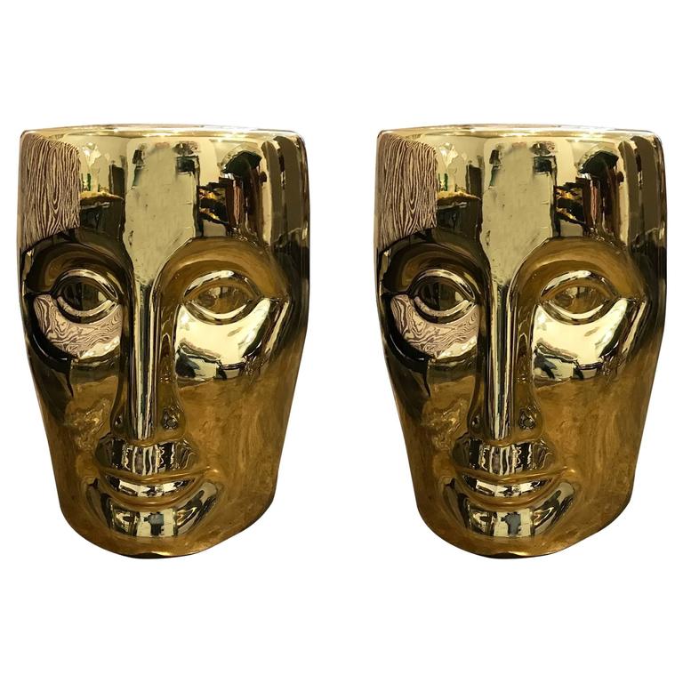 Pr of Philippe Stark Lacquered Gold Bronze Modernist Stools or Side