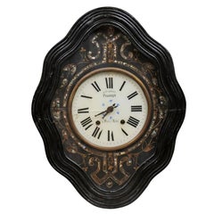 Antique 19th Century, French, Ebonized Wall Clock with Inlay & White Enameled Face