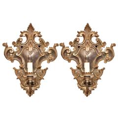 Large Pair of Italian Carved and Iron Wall Sconces with Silver Leaf Finish