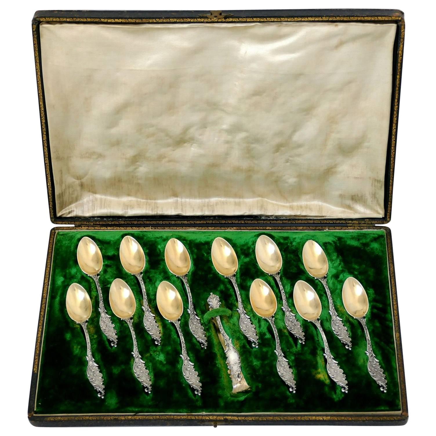 Tortez French Sterling Silver 18-Karat Gold Tea Spoons Set, Sugar Tongs, Box For Sale