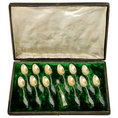 Antique Tortez French Sterling Silver 18-Karat Gold Tea Spoons Set, Sugar Tongs, Box