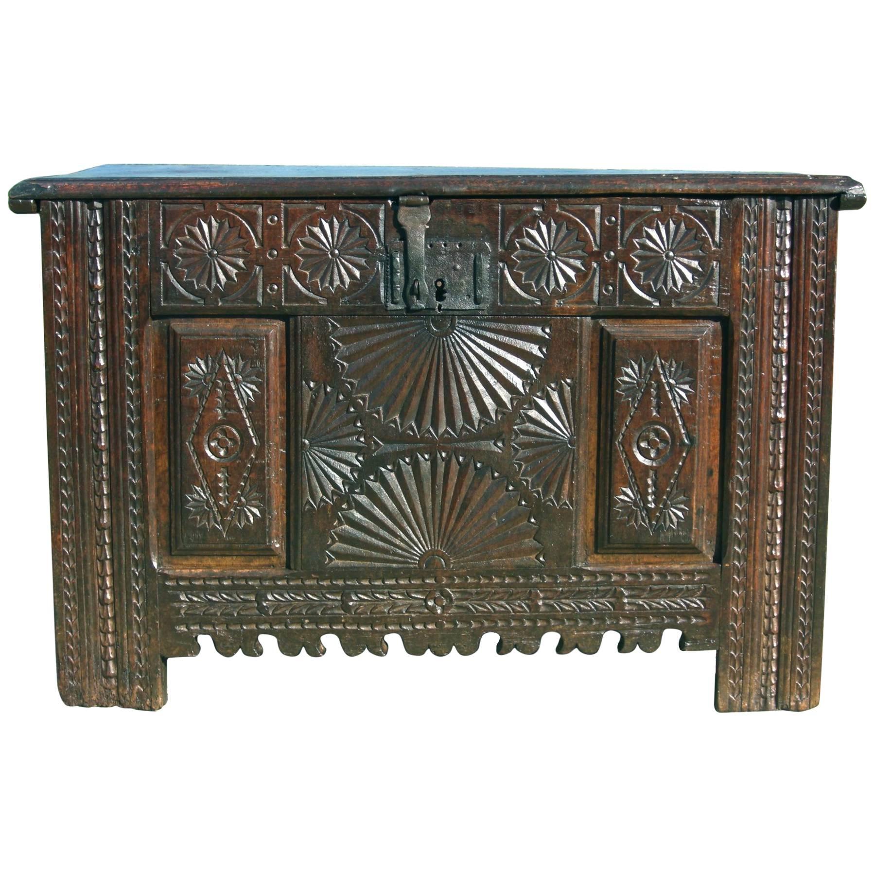 Early to Mid-17th Century Carved Spanish Basque Arms Chest, Oak