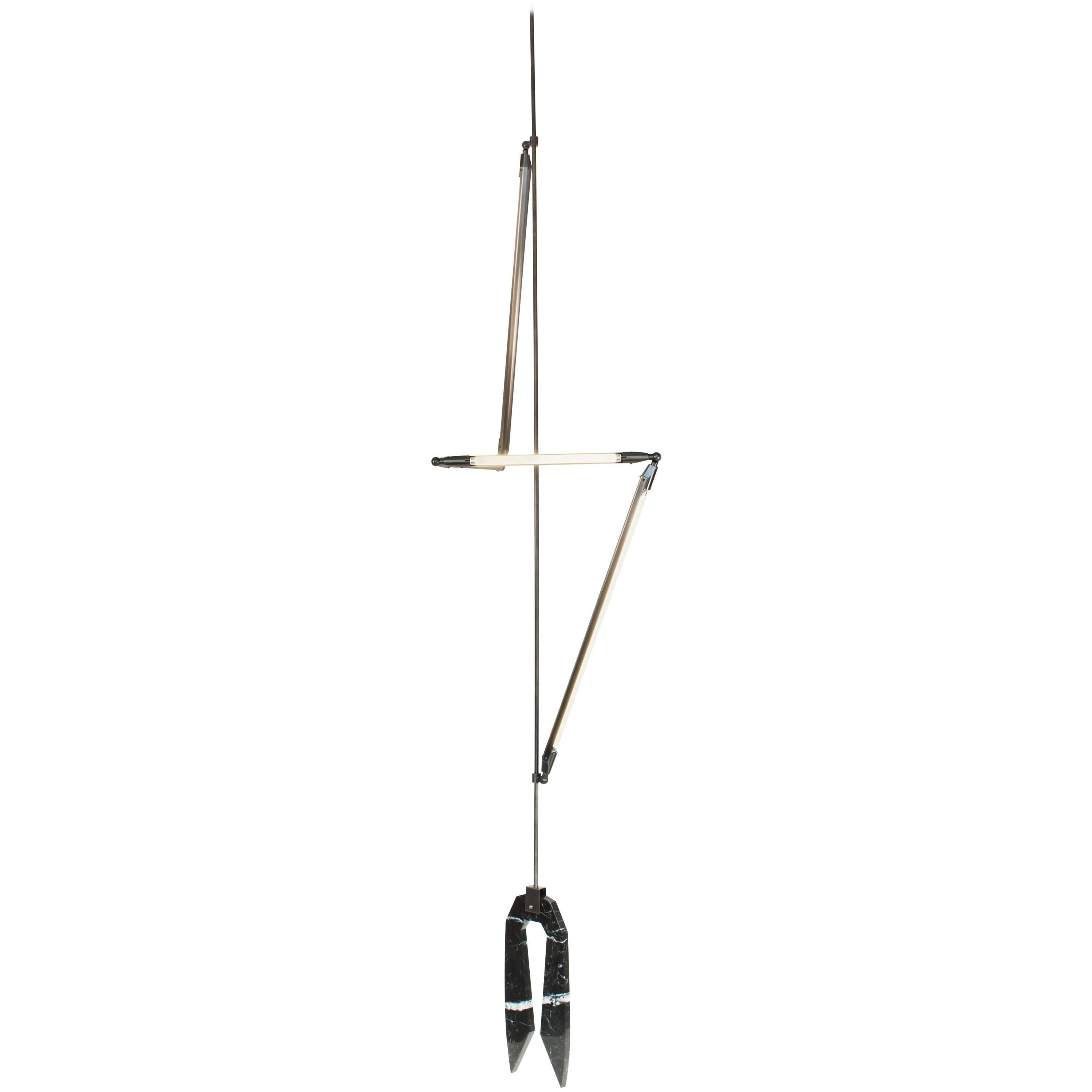 Bec Brittain Helix Long Hanging Brass LED Lamp with Marble Counterweight For Sale