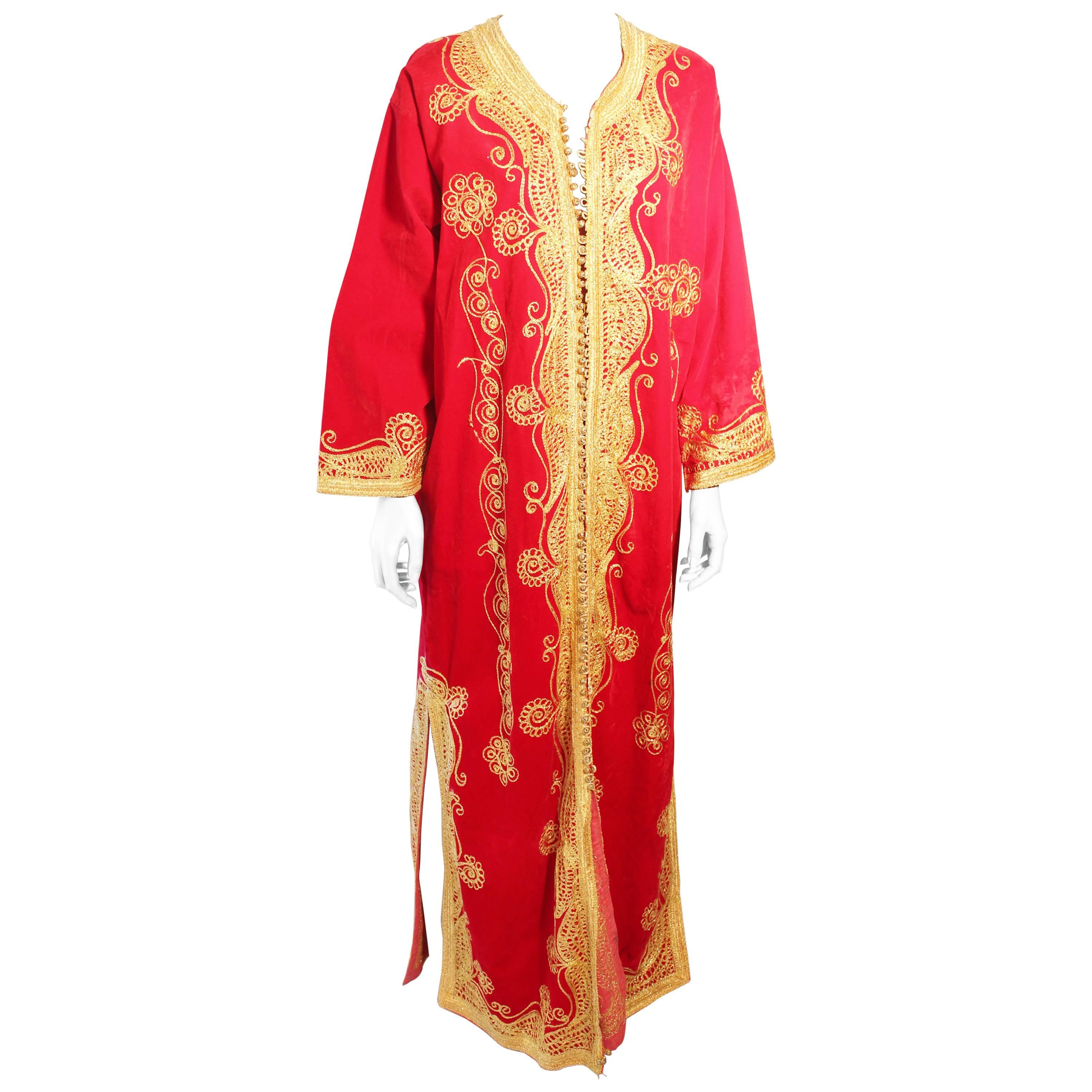 Moroccan Red Velvet Maxi Dress Caftan size L to XL