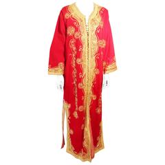 Vintage Moroccan Red Velvet Maxi Dress Caftan size L to XL