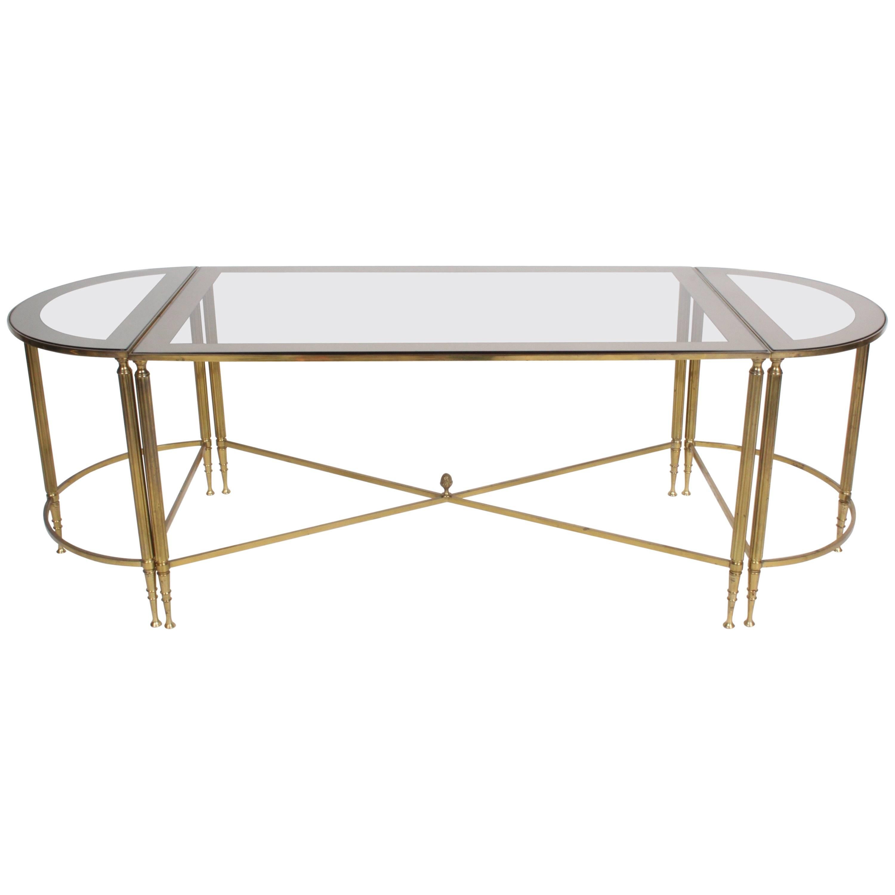 Maison Jansen Style Neo-classical Three-Piece Fluted Bronze Glass Coffee Table