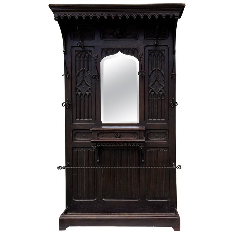 Antique Gothic Carved Walnut Hall Tree For Sale at 1stdibs