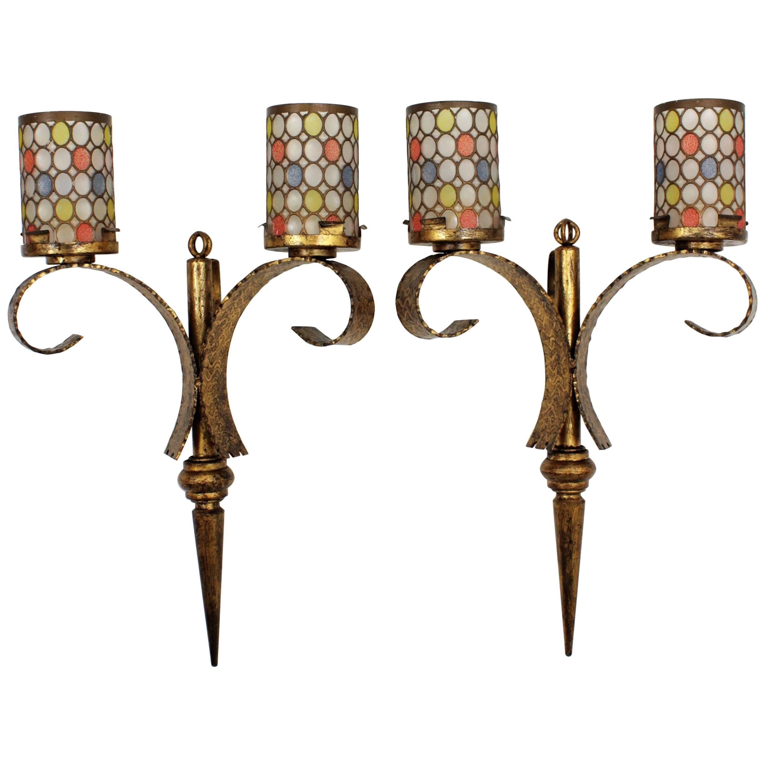 Pair of Huge Mid-Century Modern Gilt Iron Wall Lights with Colorful Glass Shades