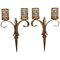 Pair of Huge Mid-Century Modern Gilt Iron Wall Lights with Colorful Glass Shades