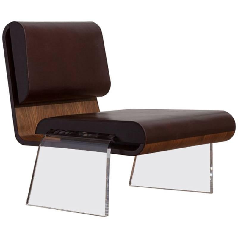 Walnut and Leather Hand Stitch Luroidea Lounge Office Chair With Perspex Legs  For Sale
