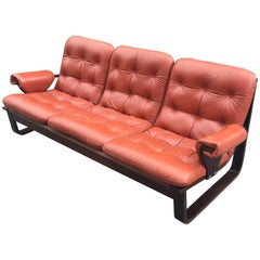 Scandinavian Style Bench in Laminated Wood and Orange Leather, circa 1960