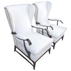 Paolo Buffa Lounge Chair in White Leather wingback style 1950s dark wood