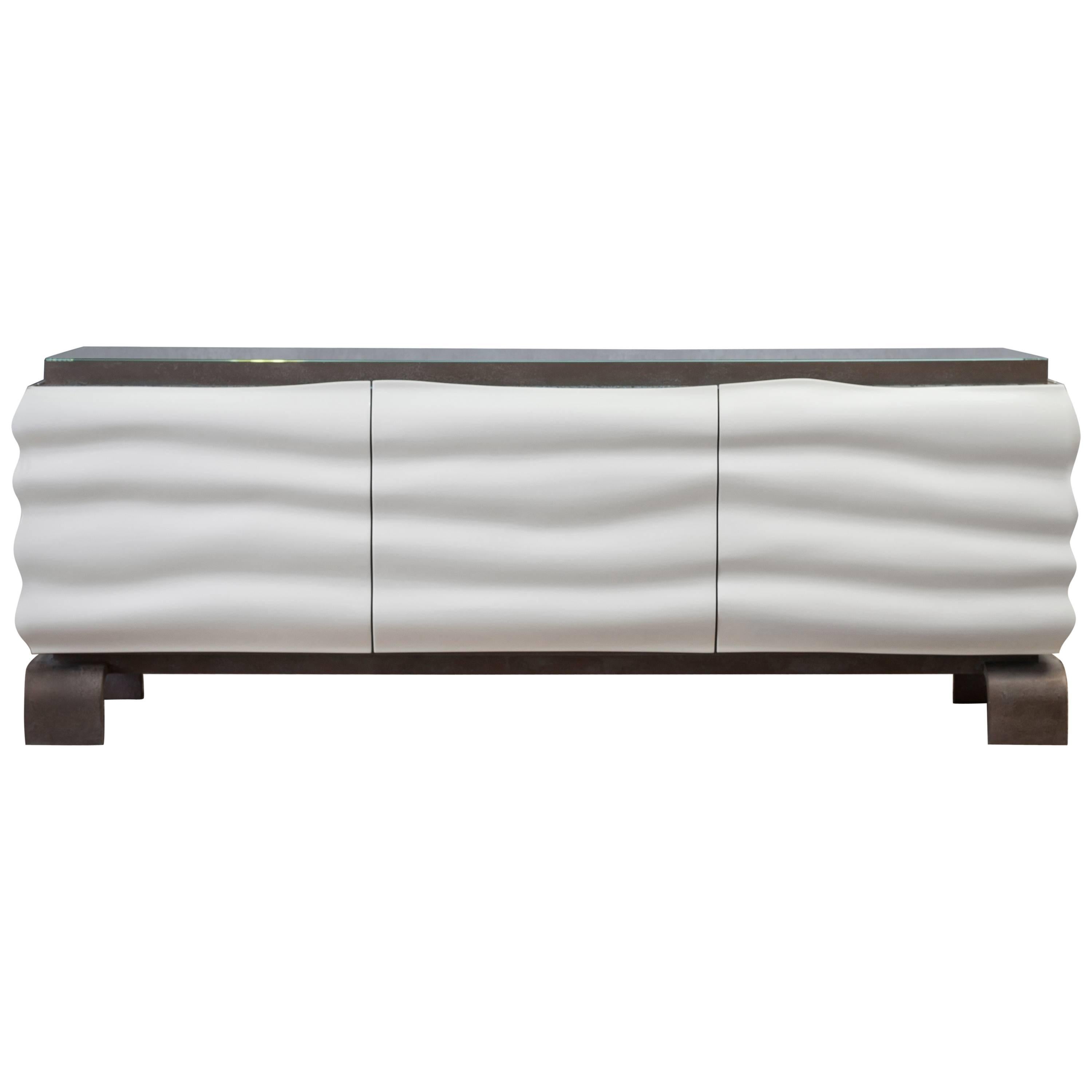 White High Gloss Lacquered Sideboard or Credenza With Mitred Low Iron Glass For Sale