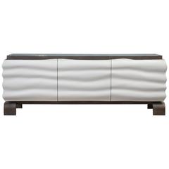 White High Gloss Lacquered Sideboard or Credenza With Mitred Low Iron Glass