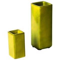 Set of Two Ceramic Yellow Square Vases Signed by Ruelland