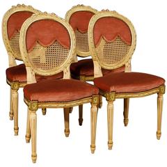 20th Century Four Lacquered and Gilt Chairs in Louis XVI Style