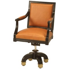 French Louis XVI Style Desk Chair, Ebonized Mahogany with Saddle Leather