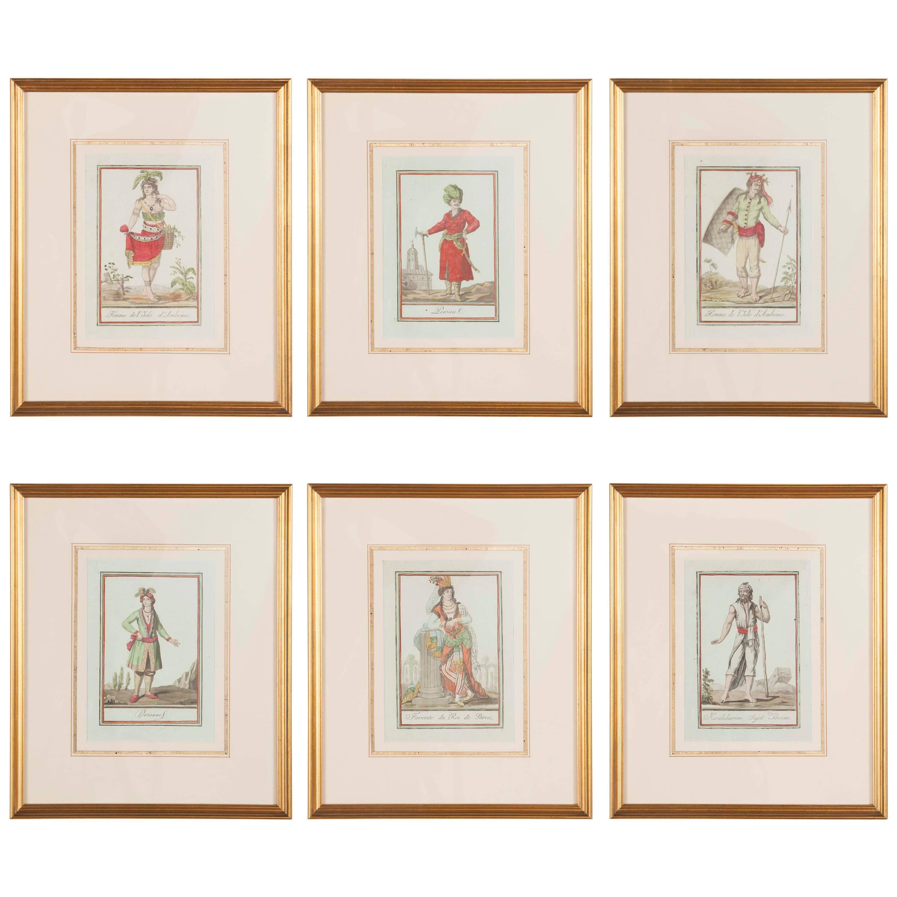 Set of Six Colored Engravings 'Costumes of Various Countries', 18th Century