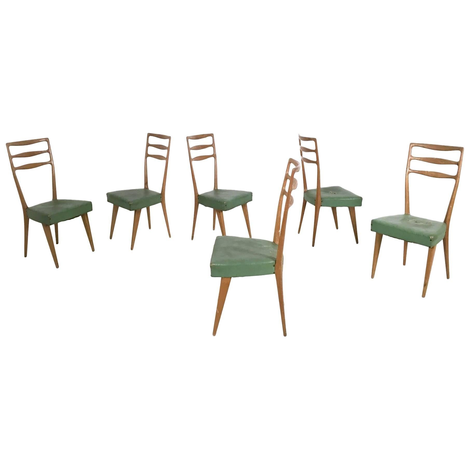 Set of Six Walnut and Skai Chairs in the Style of Buffa, Prod. Cantù, Italy