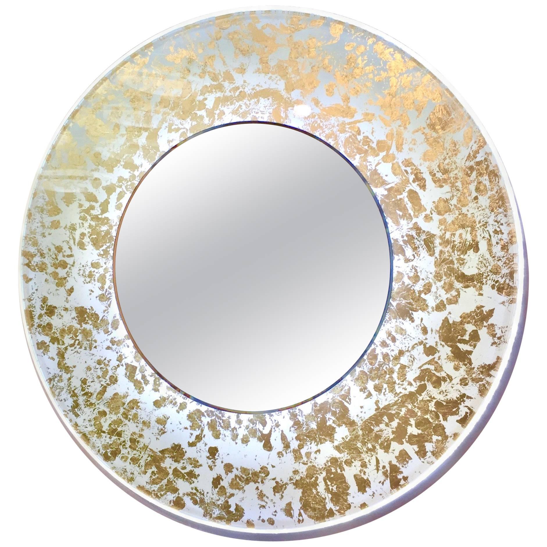 Miroir rond éclairé italien contemporain organique moderne, ivoire, blanc et or, à feuilles d'or