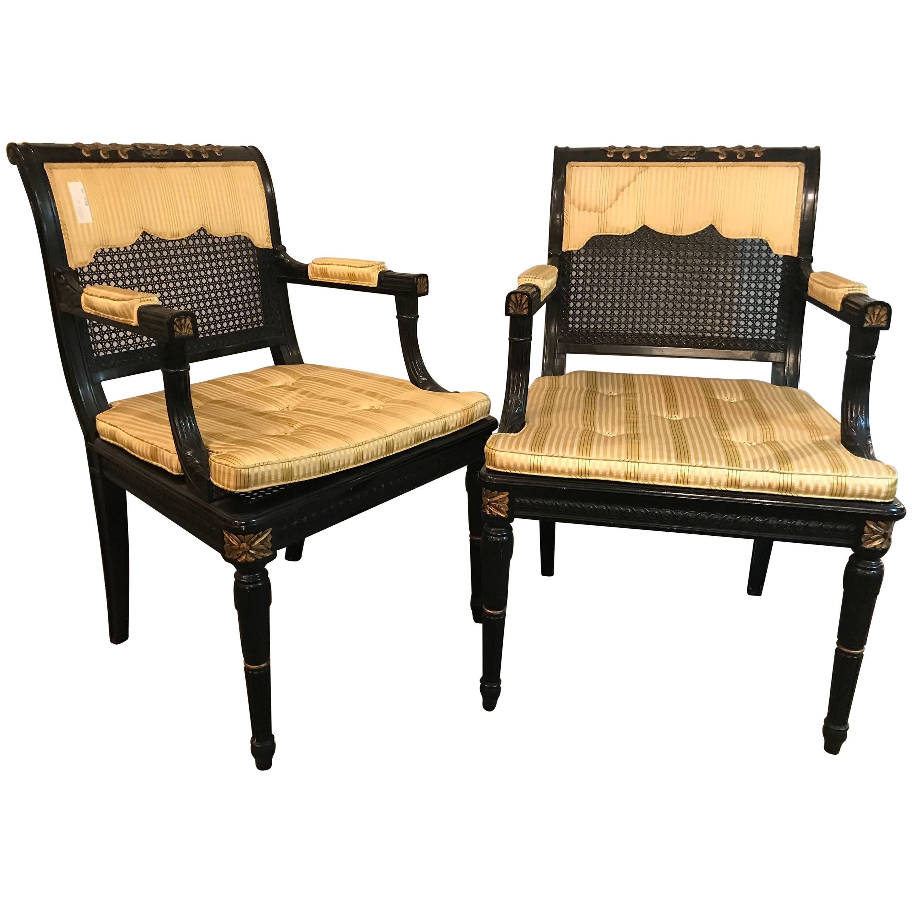Hollywood Regency Pair of Ebony and Gilt Gold Armchairs Attributed Maison Jansen