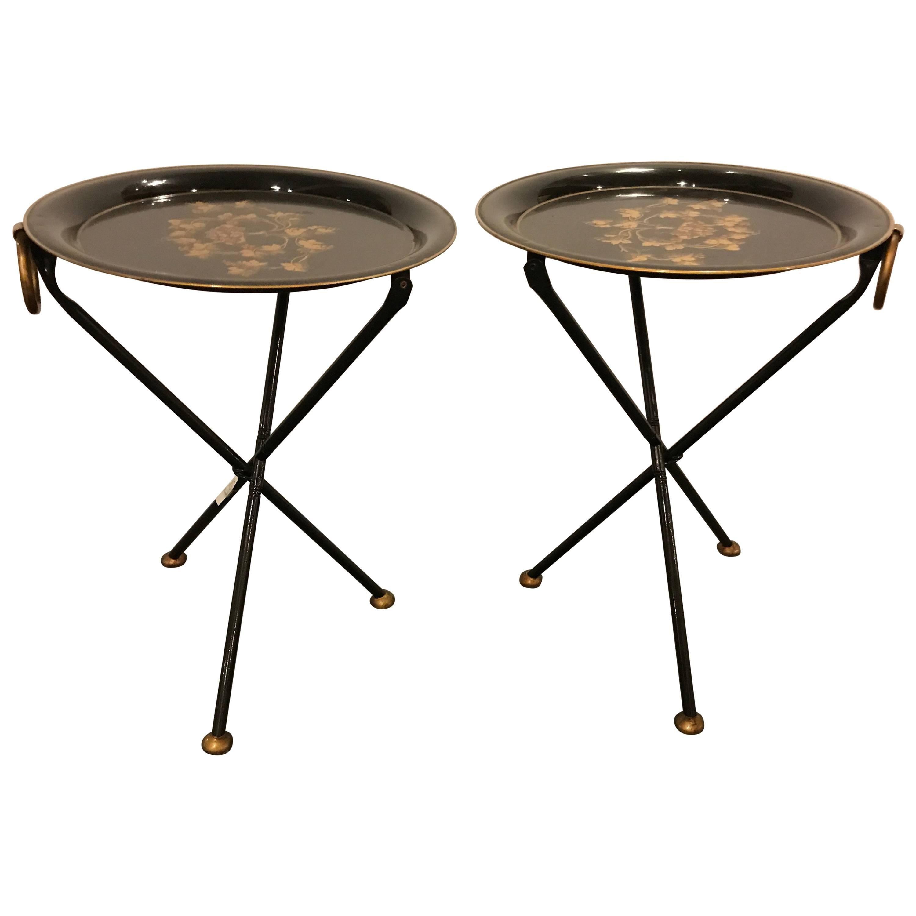 Pair of Diminutive Paint Decorated Tole Folding Tables Candle Stands