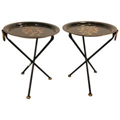 Pair of Diminutive Paint Decorated Tole Folding Tables Candle Stands