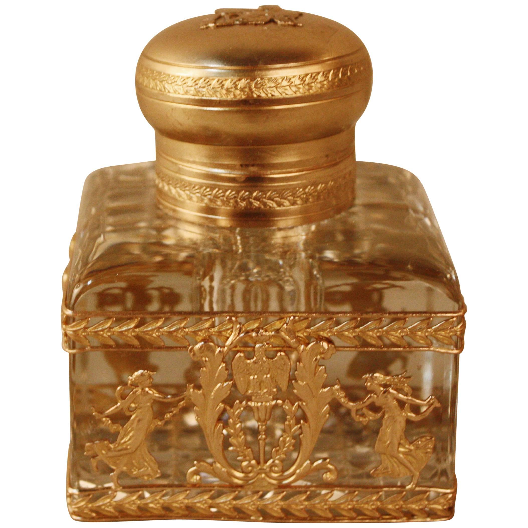 French Bronze and Baccarat Crystal Empire Style Inkwell