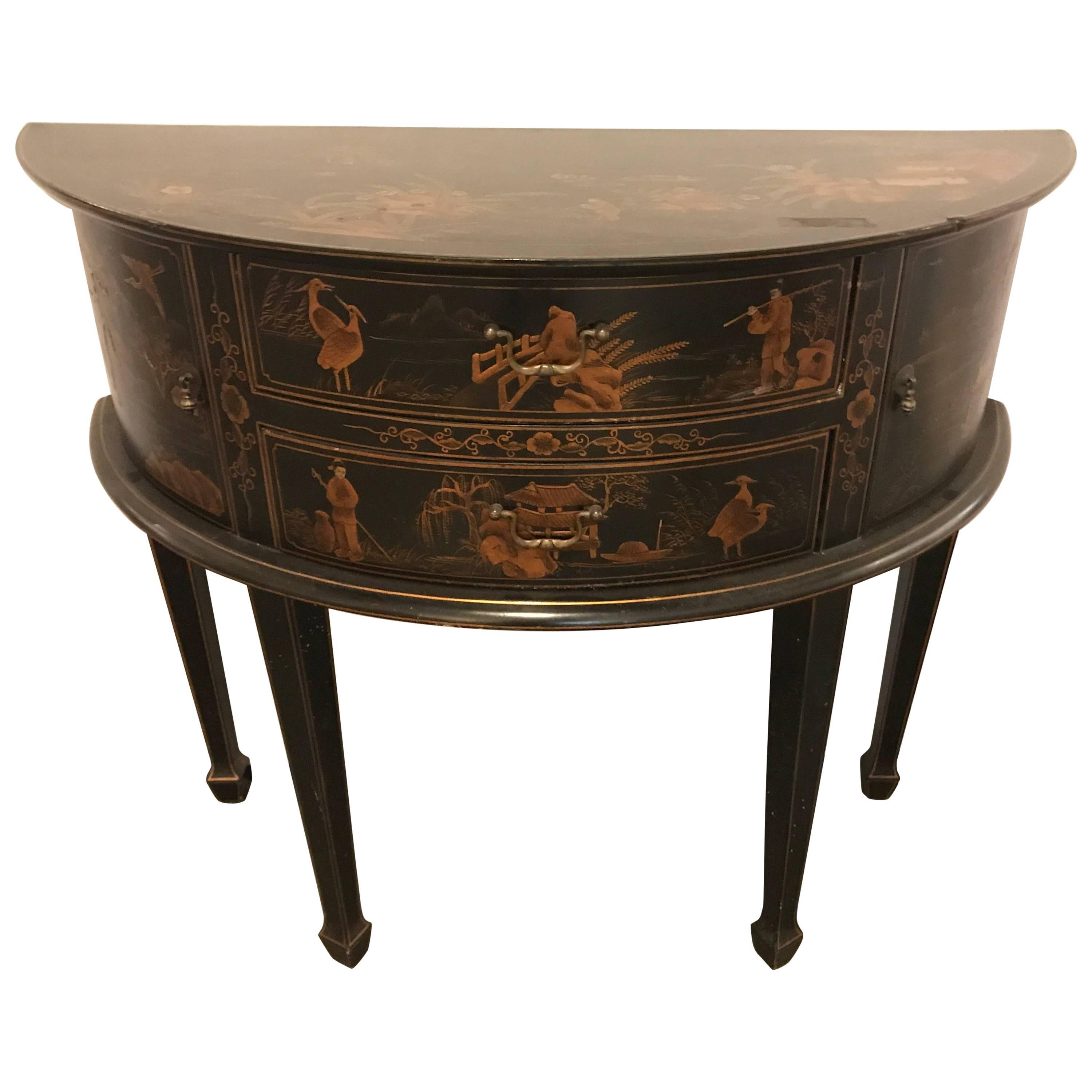 Mid-Century Modern Ebonized Chinoiserie Decorated Demilune Server or Chest