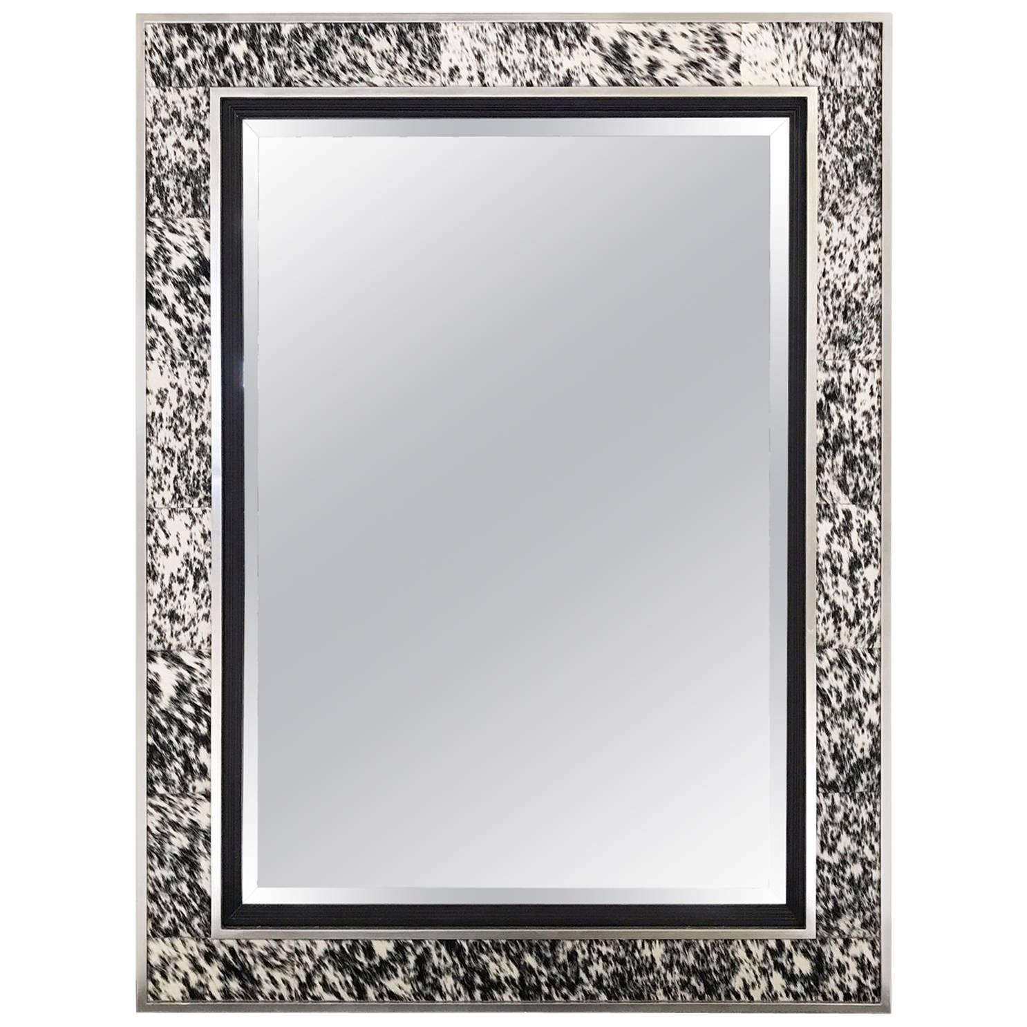 Beveled Mirror in Natural Speckled Cowhide and Silver Finish Frame