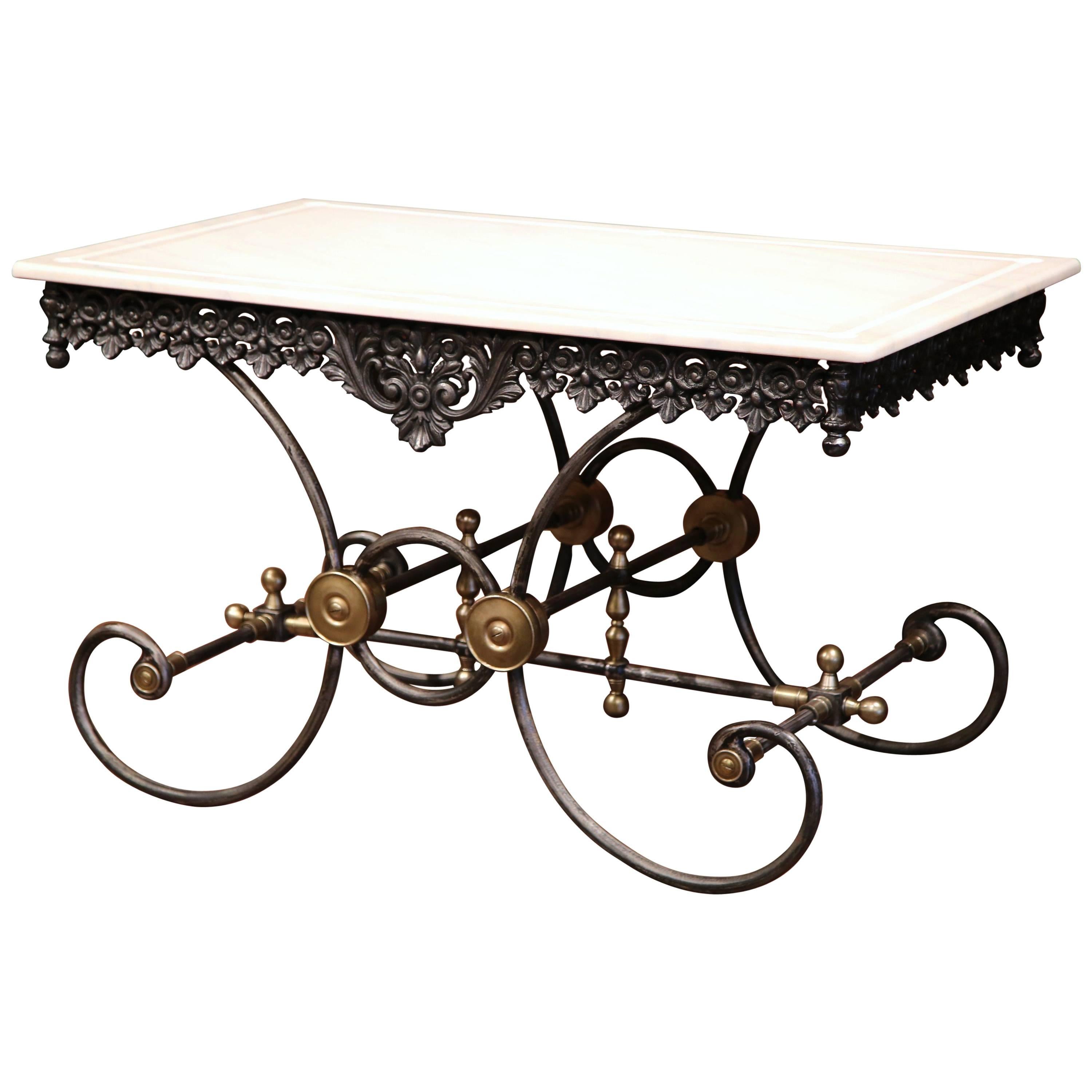 Polished Iron Butcher Pastry Table with Marble Top and Brass Mounts from France