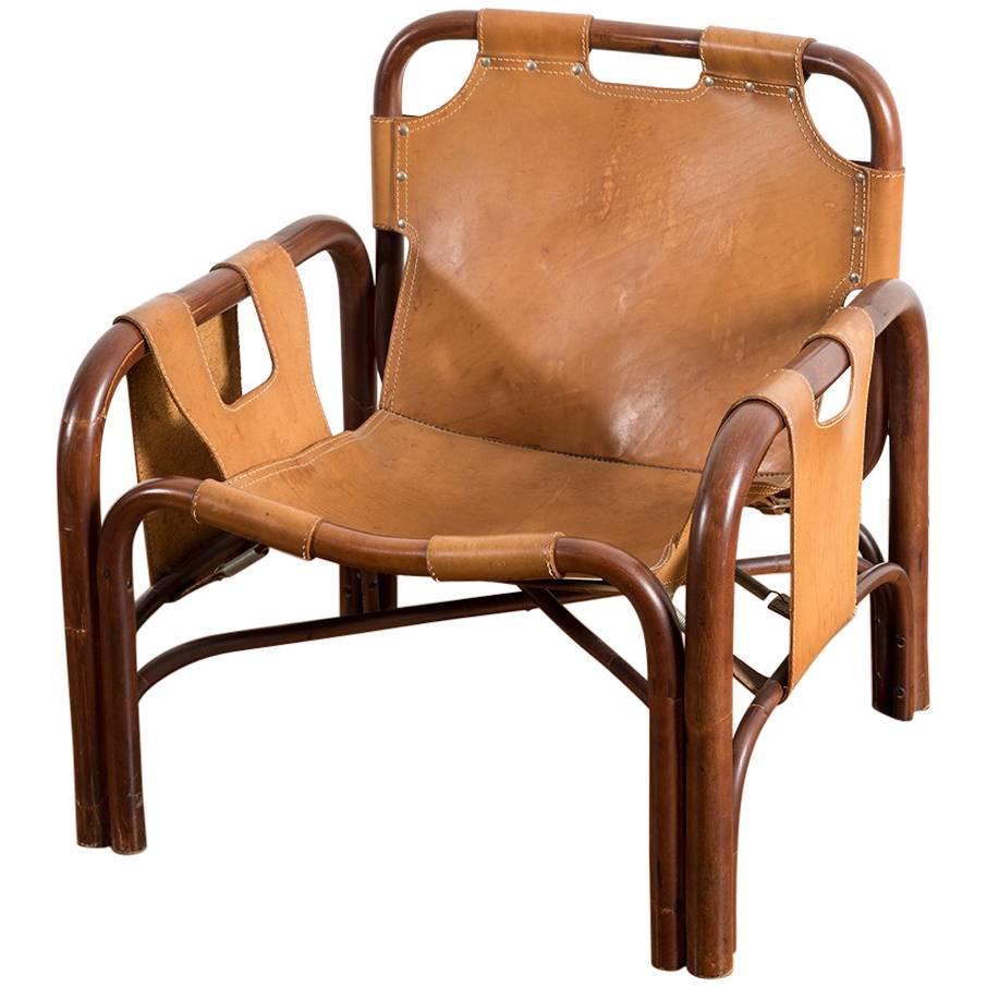 Bamboo and Patinated Cognac Leather Armchair by Bonacina, 1960s