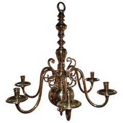Antique English Polished Brass Six-Light Chandelier, 19th Century