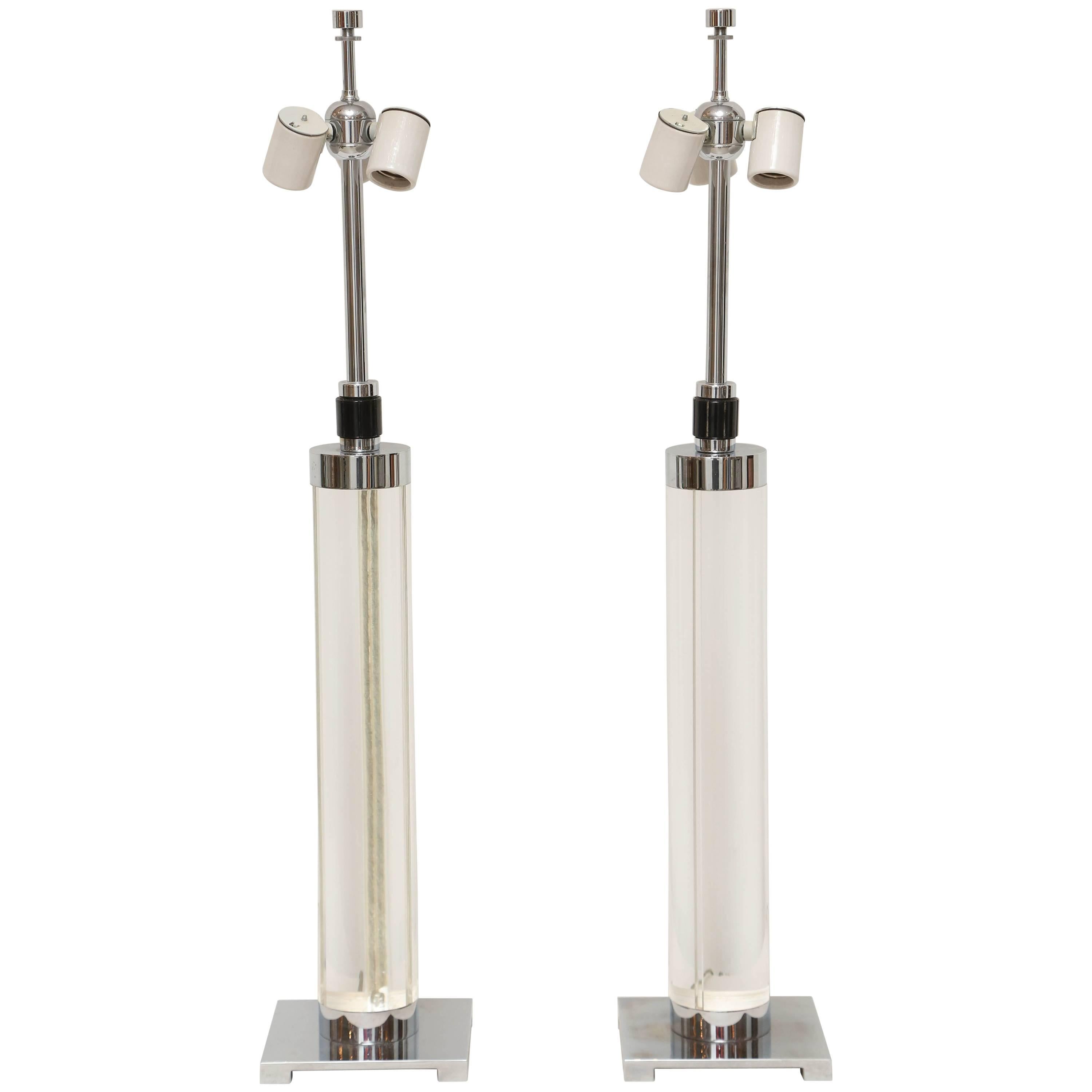 Pair of Lucite and Chrome Hansen Lamps For Sale