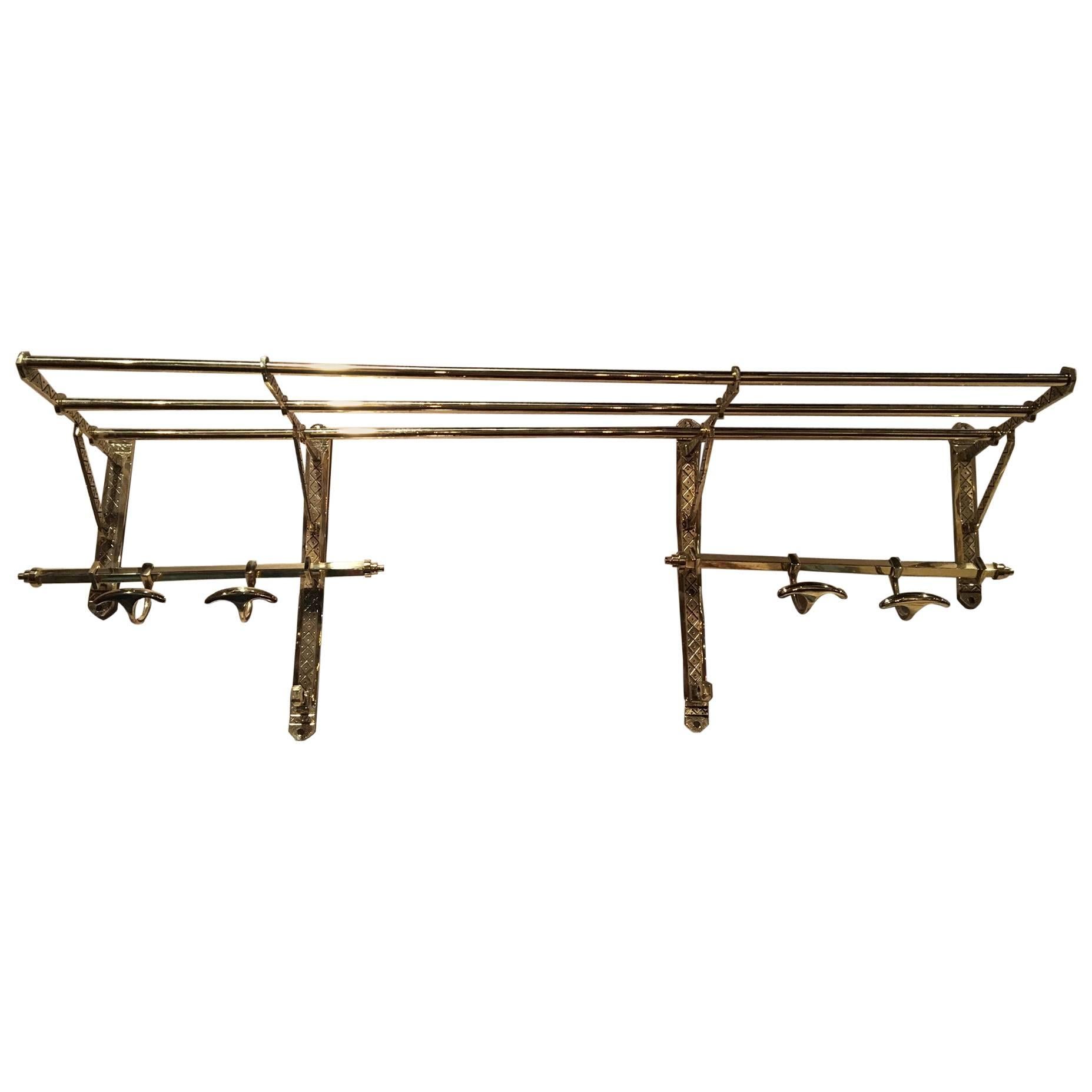 French Solid Brass Coat Rack and Wall Shelf, 19th Century
