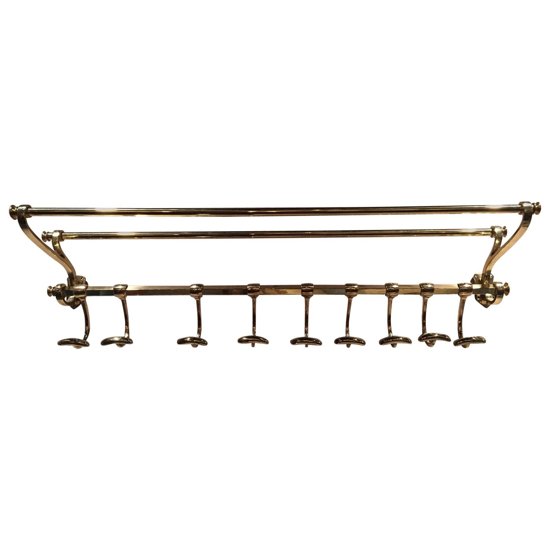 French Solid Brass Coat Rack and Wall Shelf, 19th Century