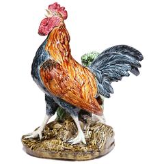 19th Century French Painted Barbotine Vase Rooster Signed Louis Carrier-Belleuse