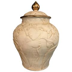 Rare French Art Deco Porcelain Bisque Carved Urn 5