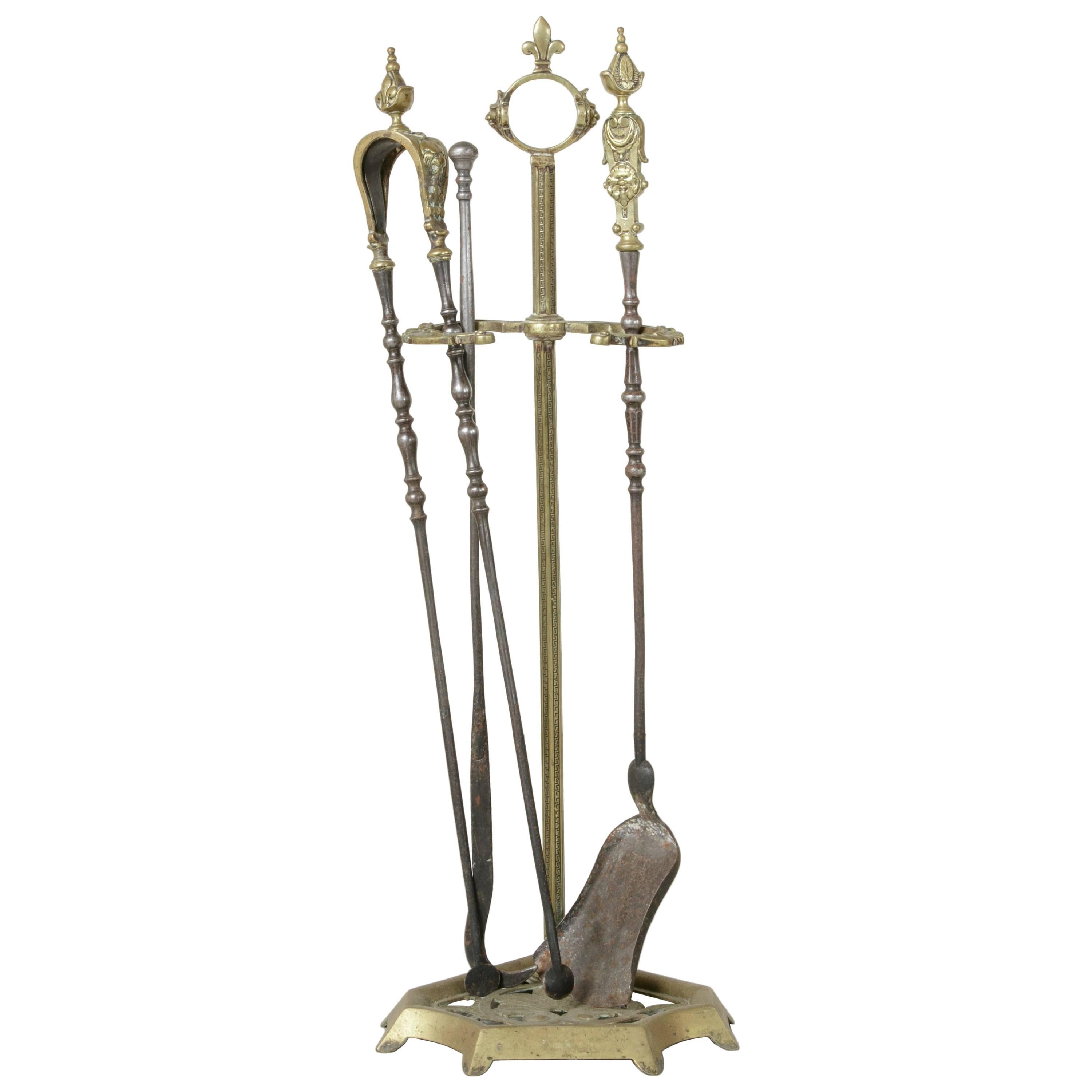 Set of Late 19th Century French Bronze Fireplace Tools Stand Shovel Poker Tongs