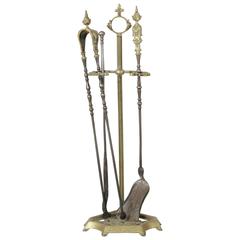 Antique Set of Late 19th Century French Bronze Fireplace Tools Stand Shovel Poker Tongs