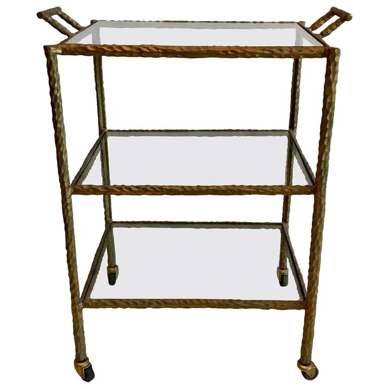 Brutalist Hammered Wrought Iron in Faux Bronze Finish Bar Cart at 1stDibs