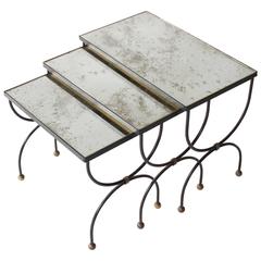 French 1950s Iron and Antiqued Mirror Nesting Tables