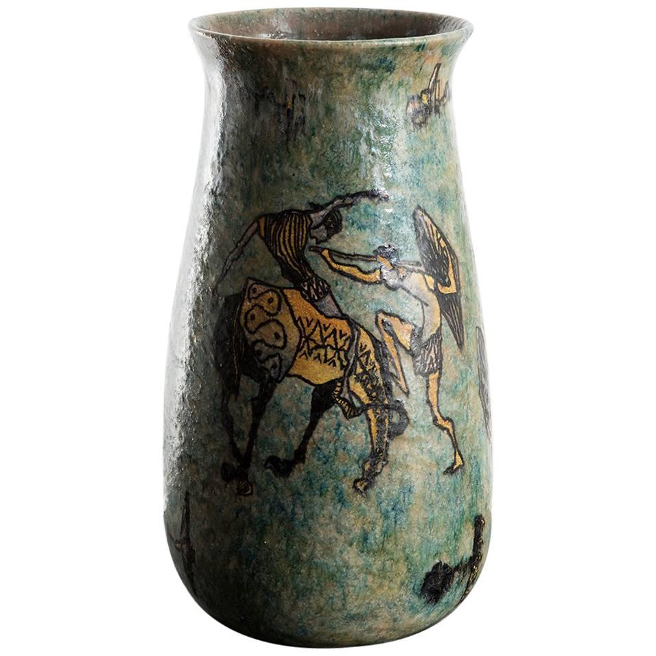 Carlo Zauli Turquoise Mythology Themed Vase, 1950s For Sale